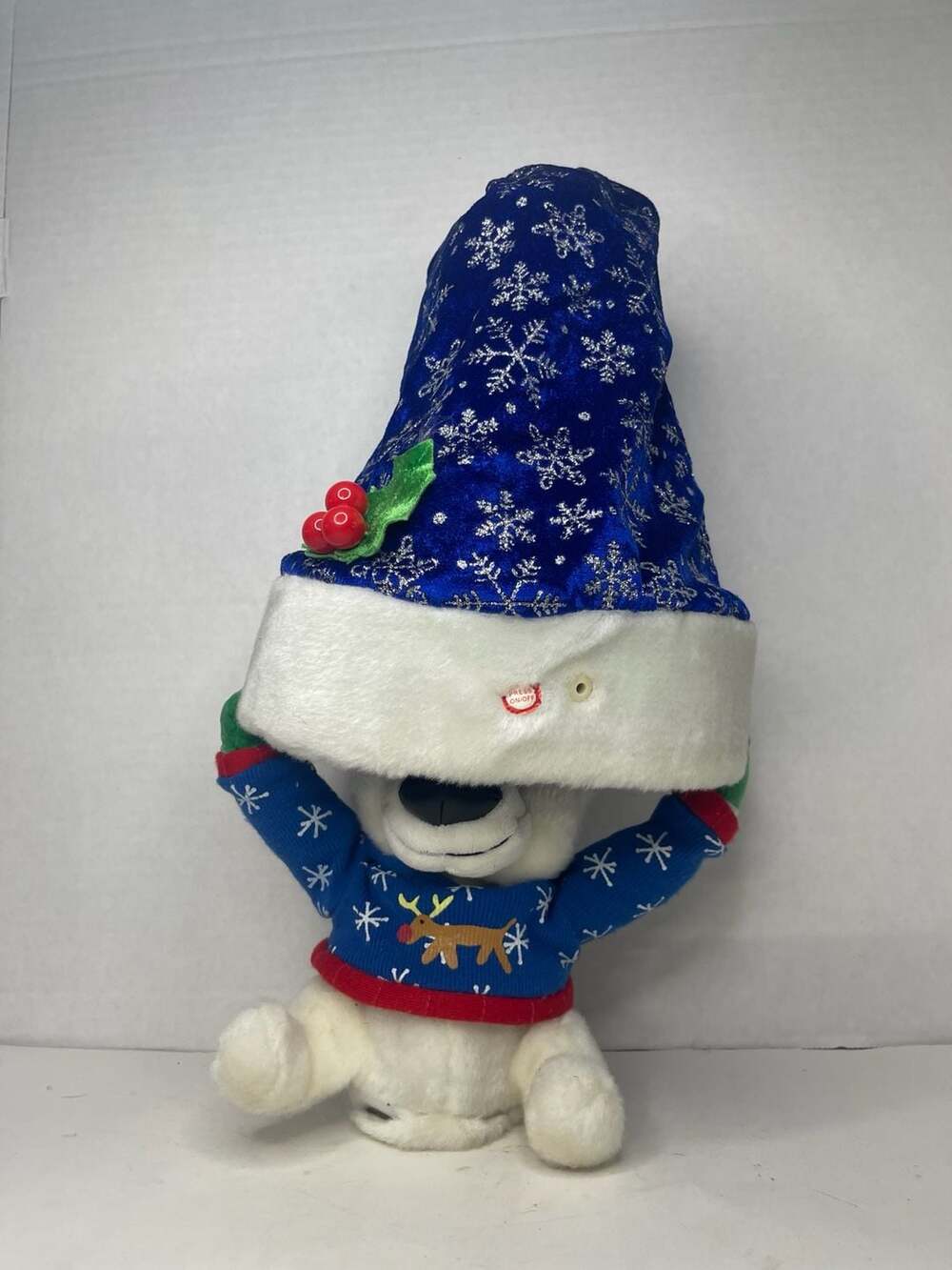 Gemmy Animated Singing and Dancing Polar Bear Plush with Hat and Sweater
